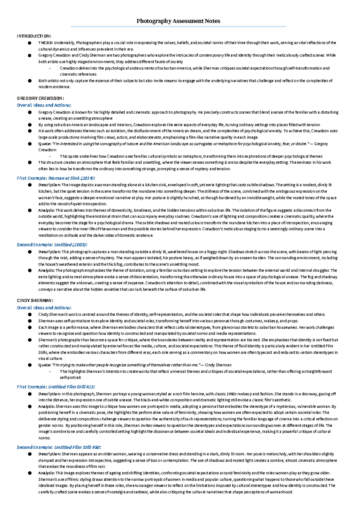 Photography Assessment Notes - Term 4: Crewdson & Sherman Analysis ...