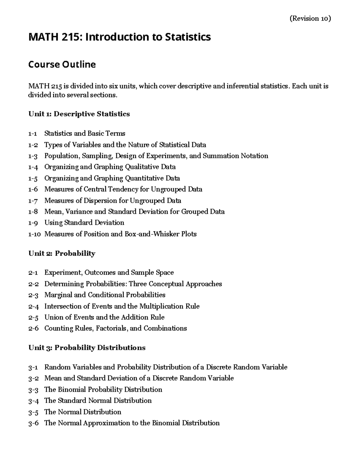 MATH 215: Intro to Statistics Course Outline & Unit Breakdown - Studocu