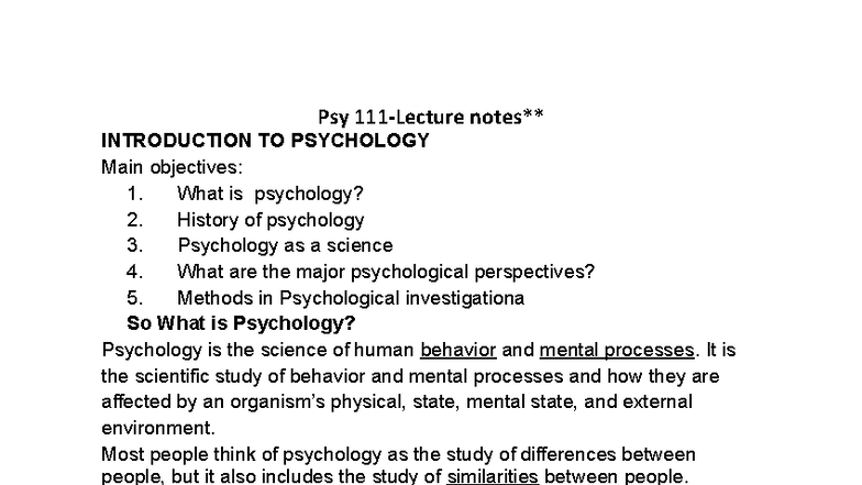 Introduction to Psychology (PSY 619551724) Lecture Notes - Studocu