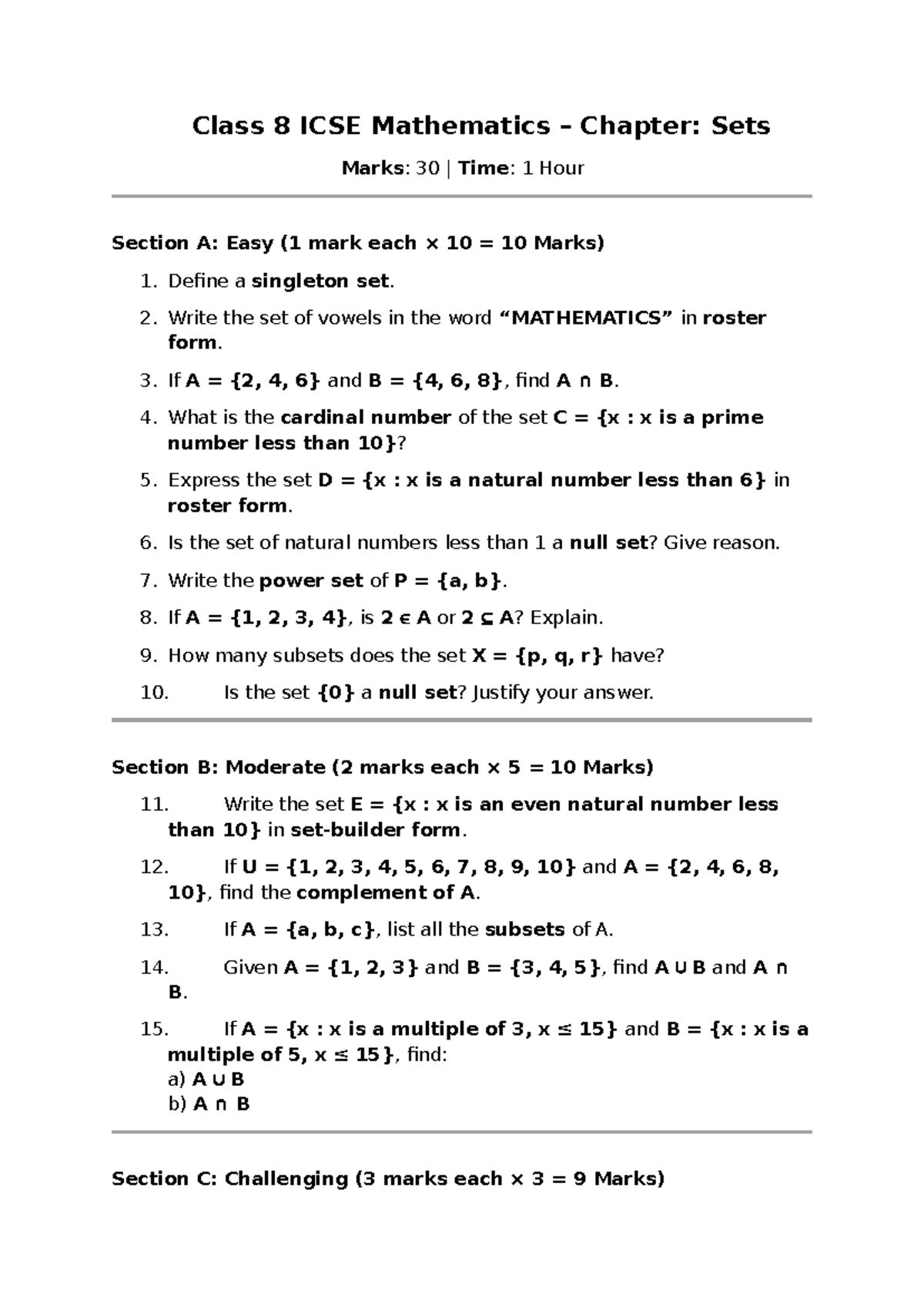 Class 8 ICSE Math Chapter: Sets - Exam Prep & Practice Questions - Studocu