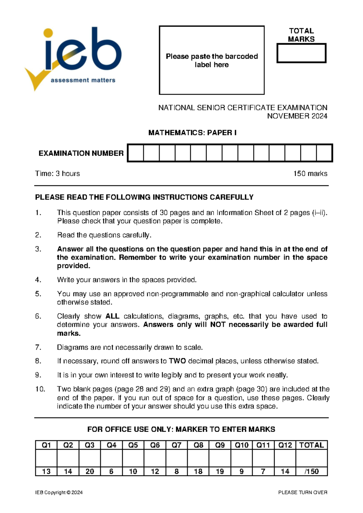 NSC Mathematics IEB Grade 12 Past Exam Paper P1 November 2024 - Studocu