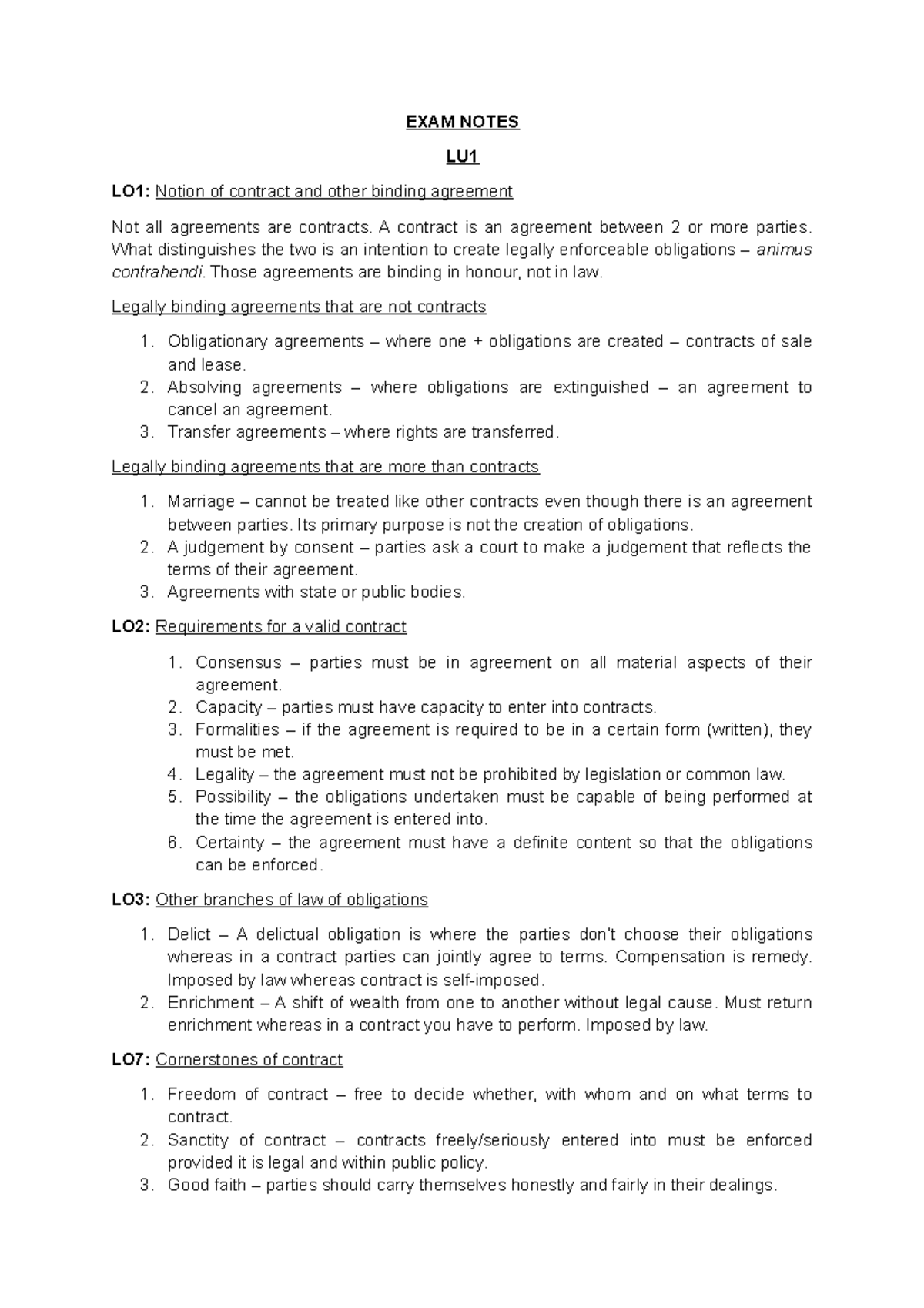 LACO Final Exam Notes: Understanding Contracts and Obligations - Studocu