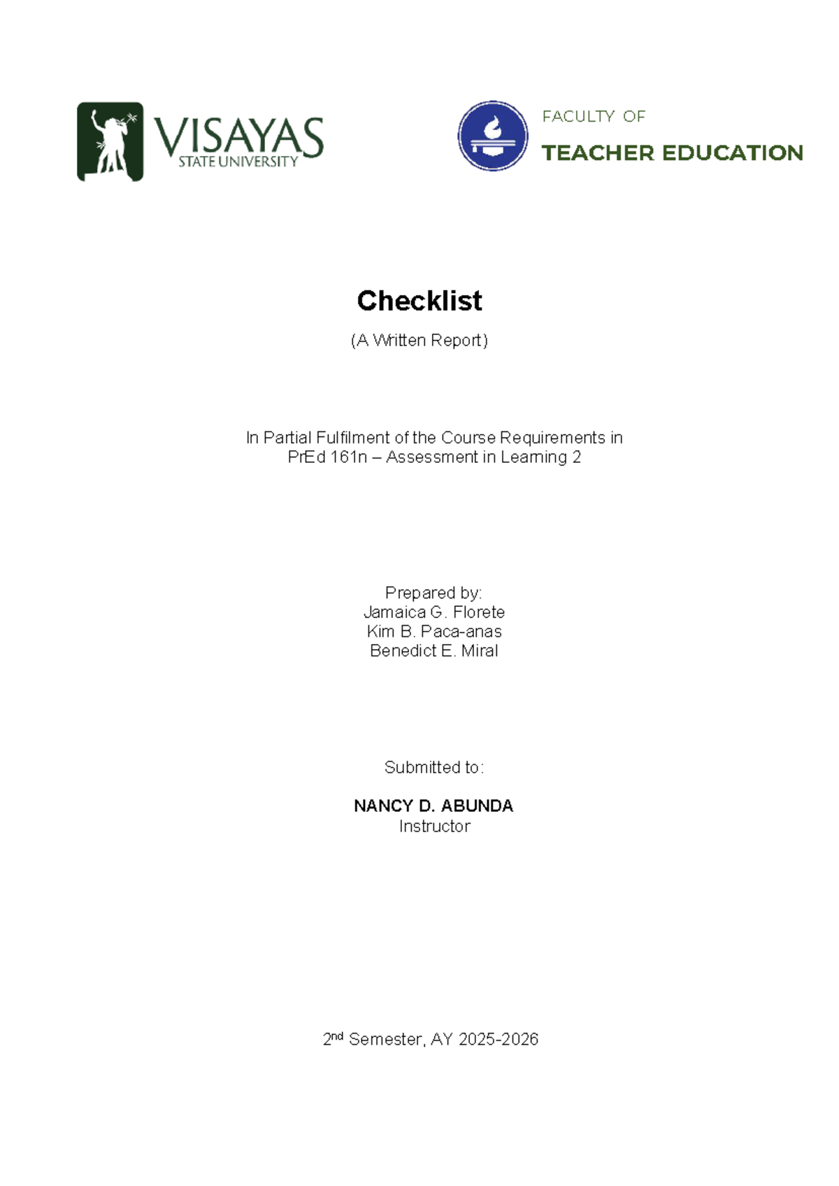 PrEd 161n: Checklist Construction and Assessment in Learning 2 Report ...