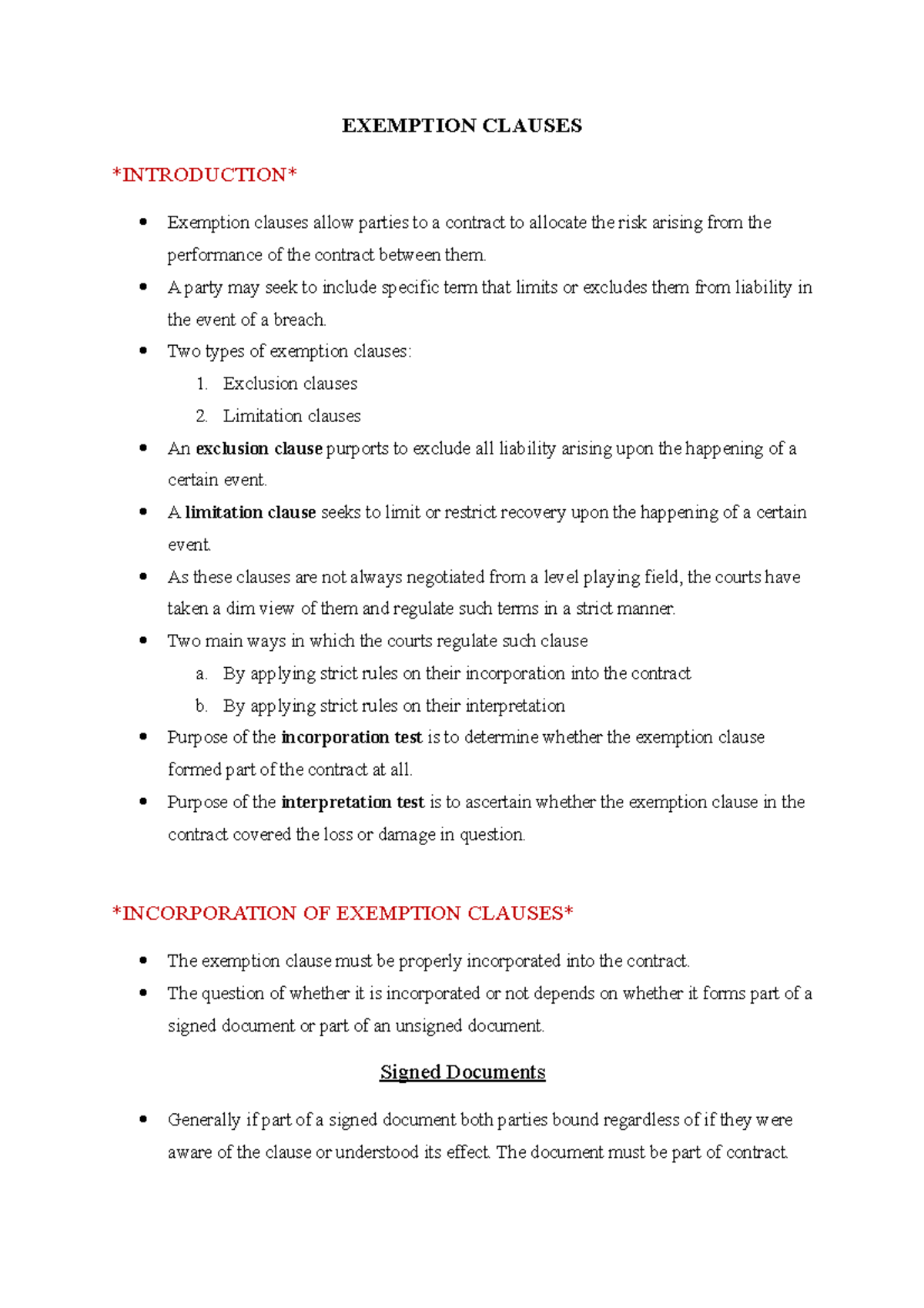 Exemption Clauses: Legal Implications and Court Interpretations - Studocu