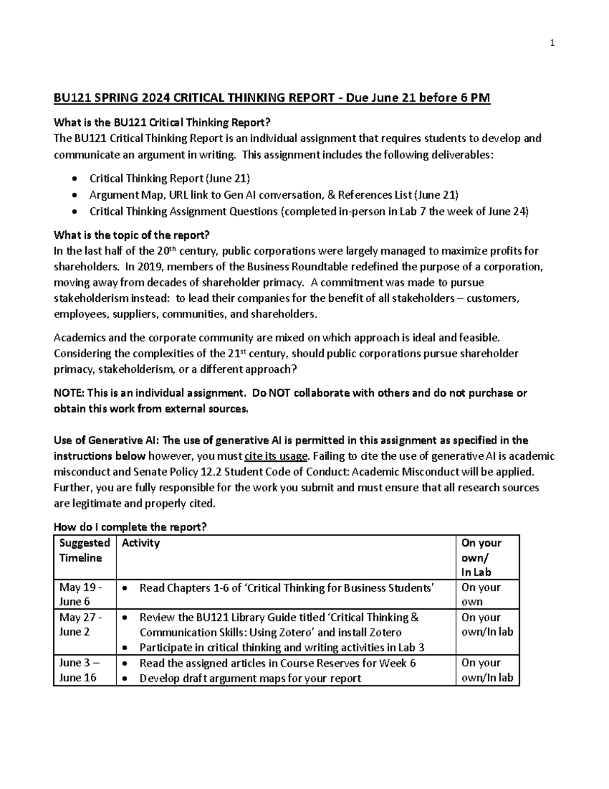 BU121 Spring 2024 - Instructions & Rubric for Critical Thinking Report ...
