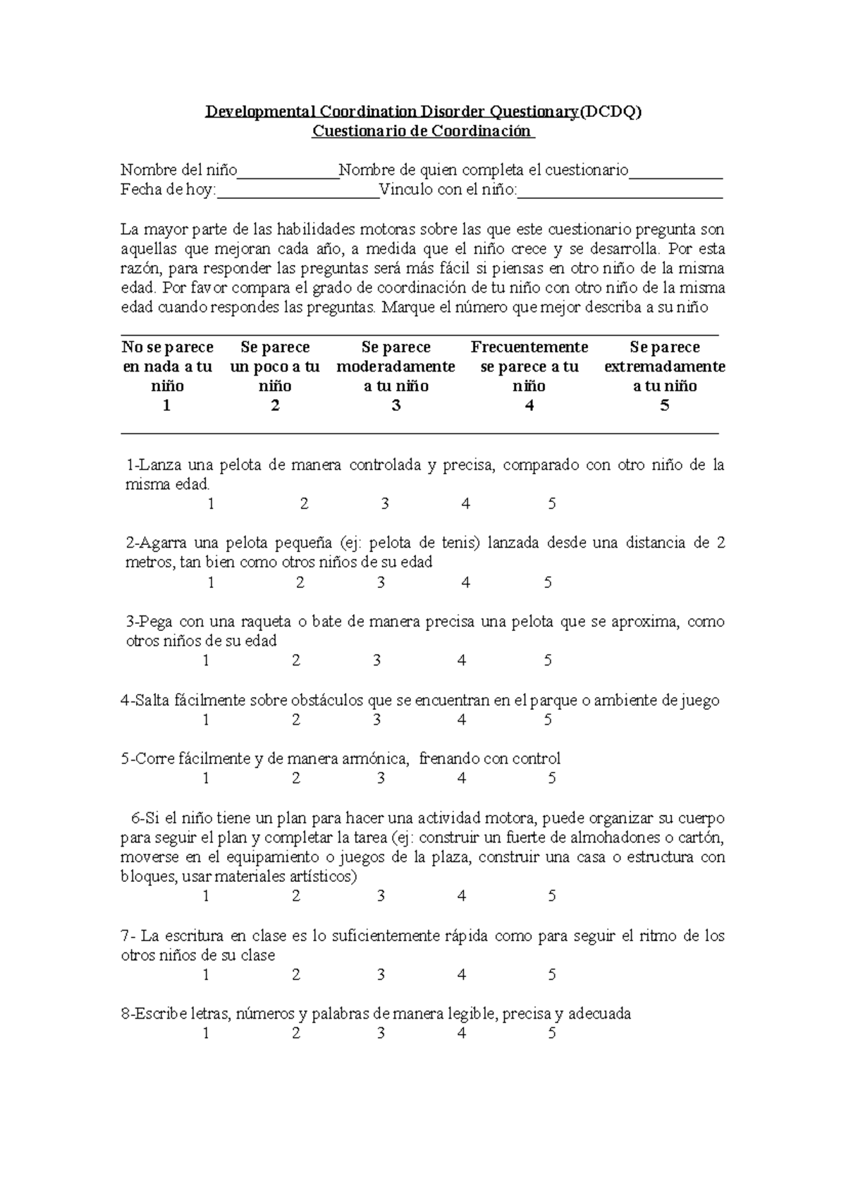 Copia de Cuestionario de Coordinación DCDQ - Developmental Coordination ...