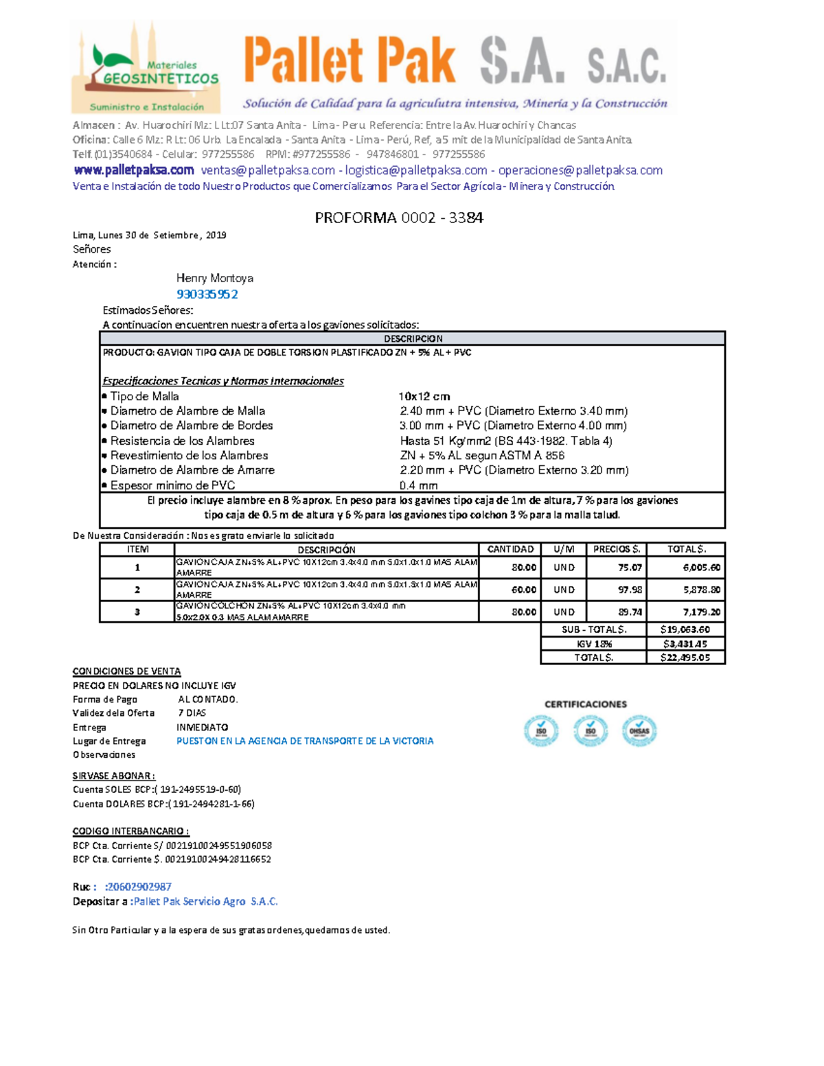 Proforma. 0002-3384 - Gavion CAJA ZN+5% AL+PVC 10X12cm 5.0x1.0x1.0 ...