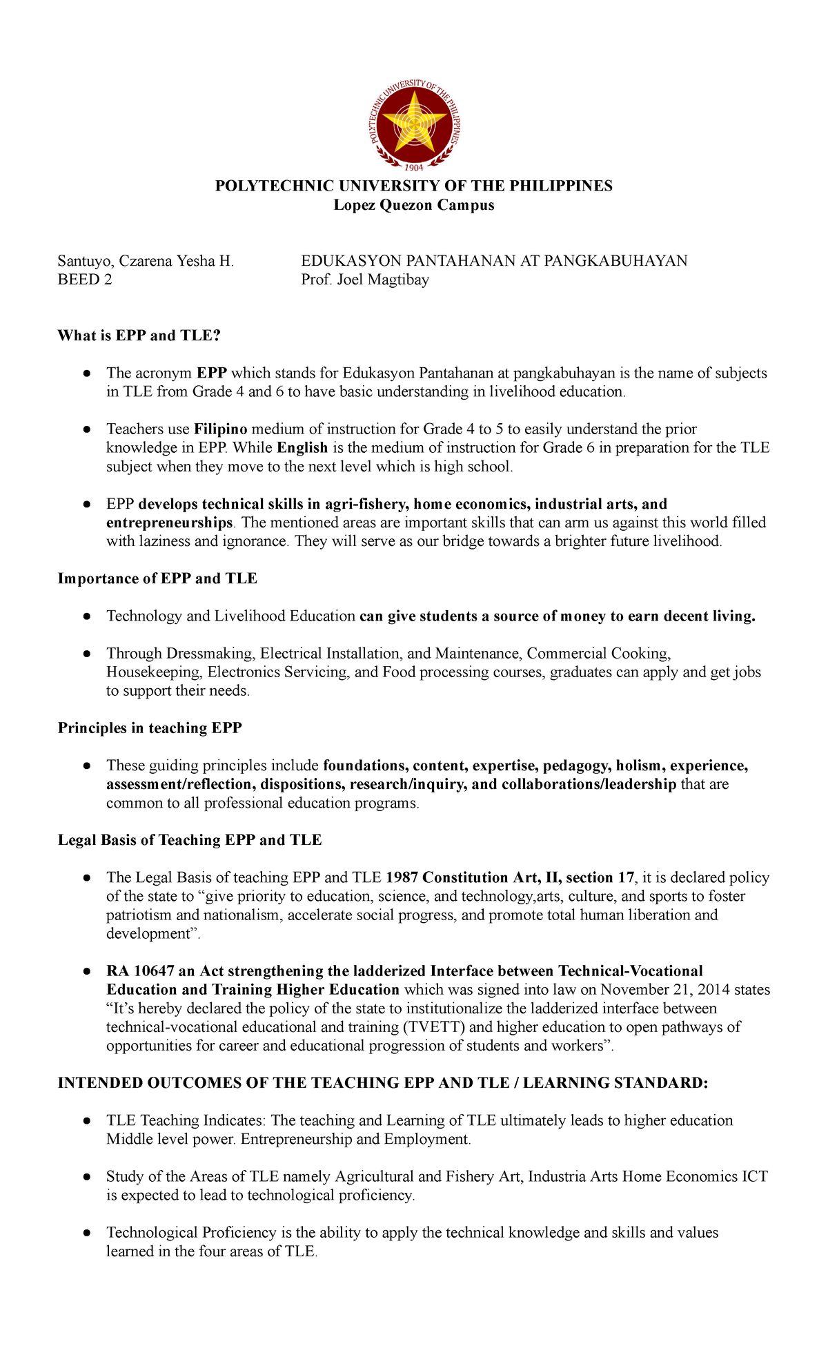 ELED-209 - Understanding EPP and TLE: Principles and Importance - Studocu