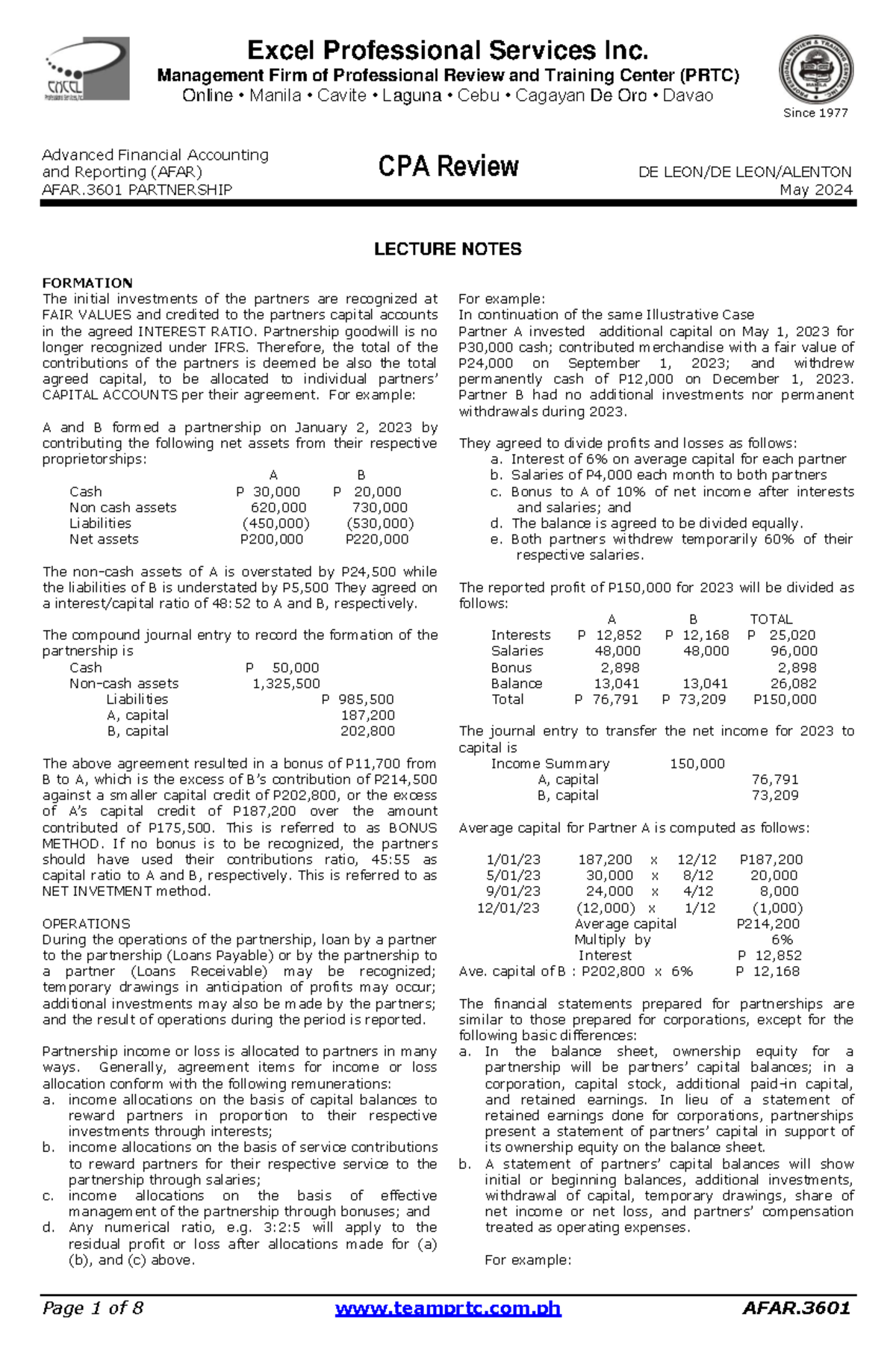 AFAR.3601 Partnership Formation and Operations Lecture Notes - Studocu