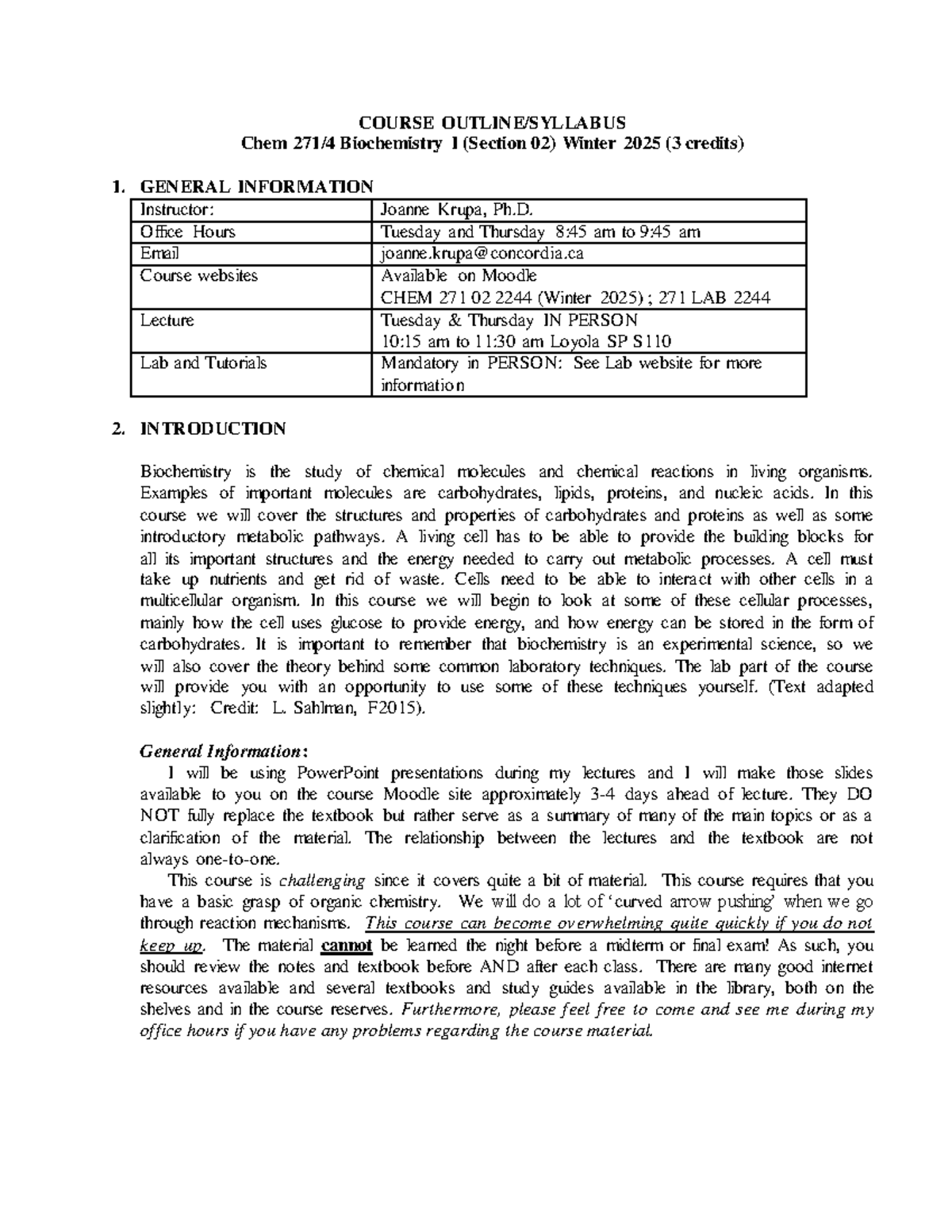 CHEM 271 Biochemistry I Course Outline - Winter 2025 (Section 02) - Studocu