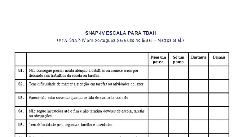 Escala TDAH SNAP IV: Avaliação de Sintomas em Português - Studocu