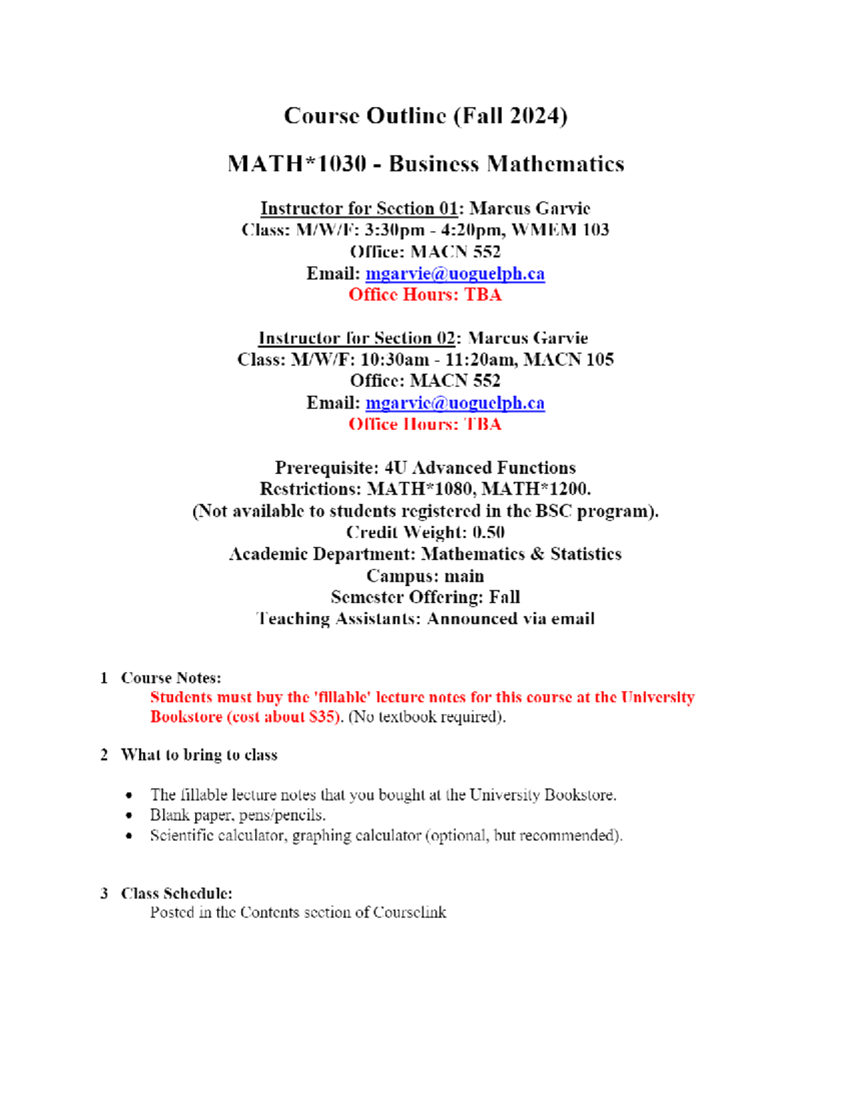 MATH 1030 F24 - Course Outline for Business Mathematics - Studocu