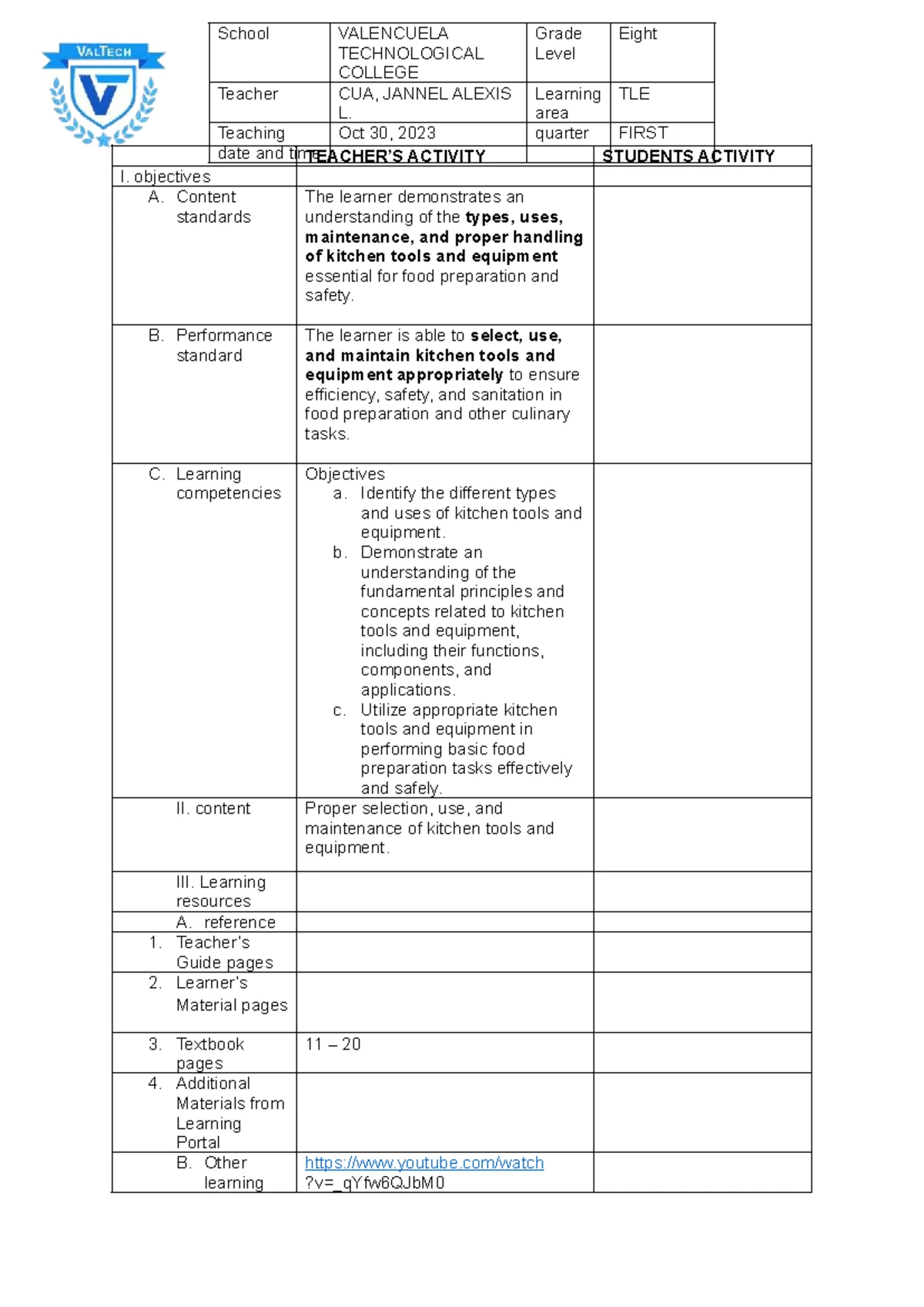 Electrical Tools and Equipment: Lesson Plan for TLE 10 - Studocu