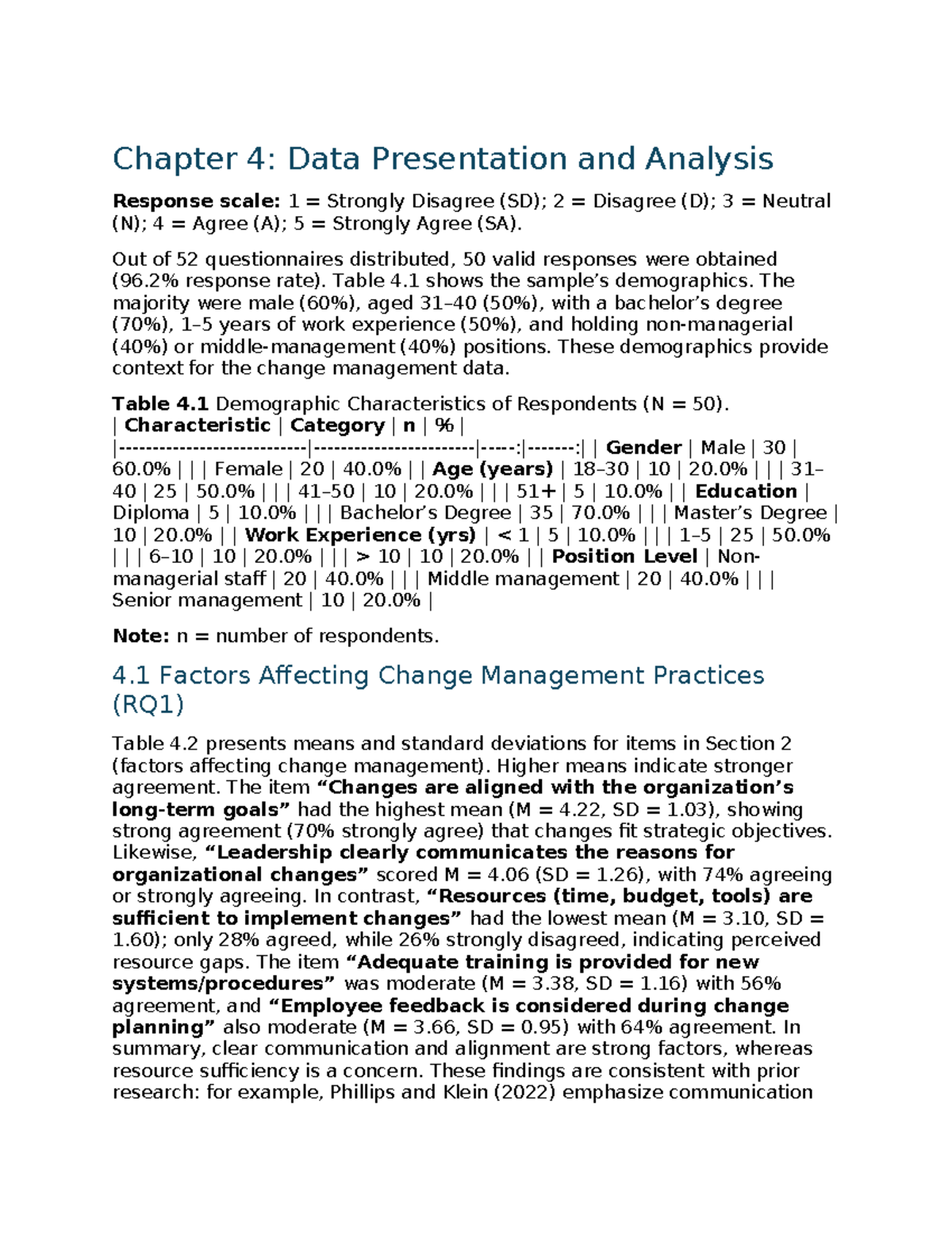 Chapter 4: Data Presentation & Analysis on Change Management Practices ...