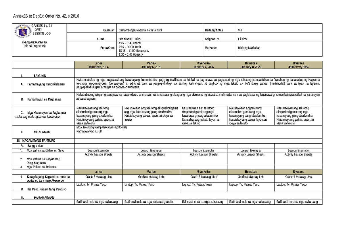 Q3 DLL Week 7 Lesson Plan for Grades 1-12 (Filipino) - Studocu