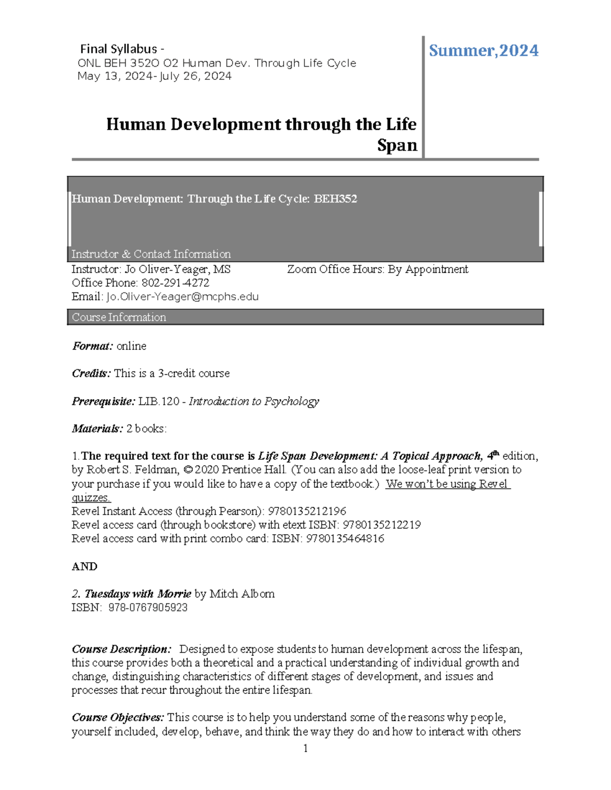 Final Syllabus: BEH 352O O2 Human Development Across the Life Cycle ...