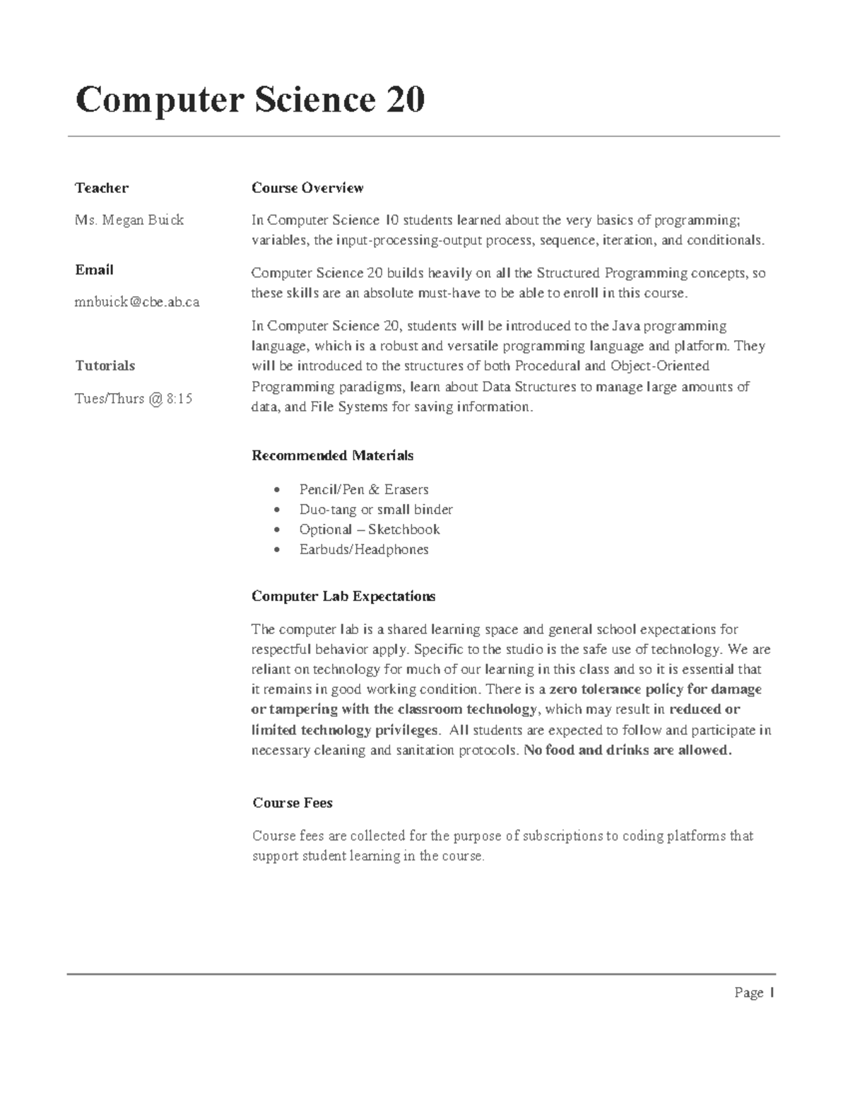 CS20 Course Outline 2024: Overview of Java Programming & Expectations ...