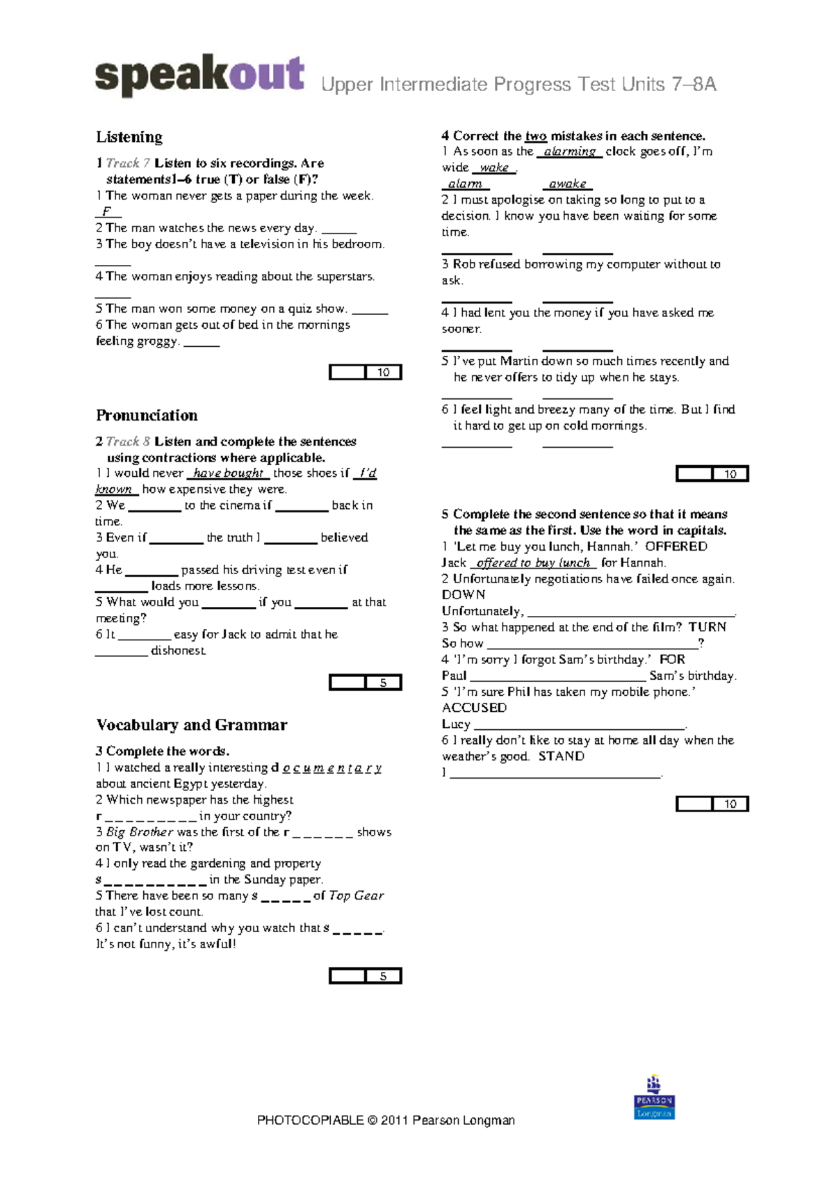 Unit Test 7 - Speakout Upper-Intermediate Progress Test Units 7-8A ...