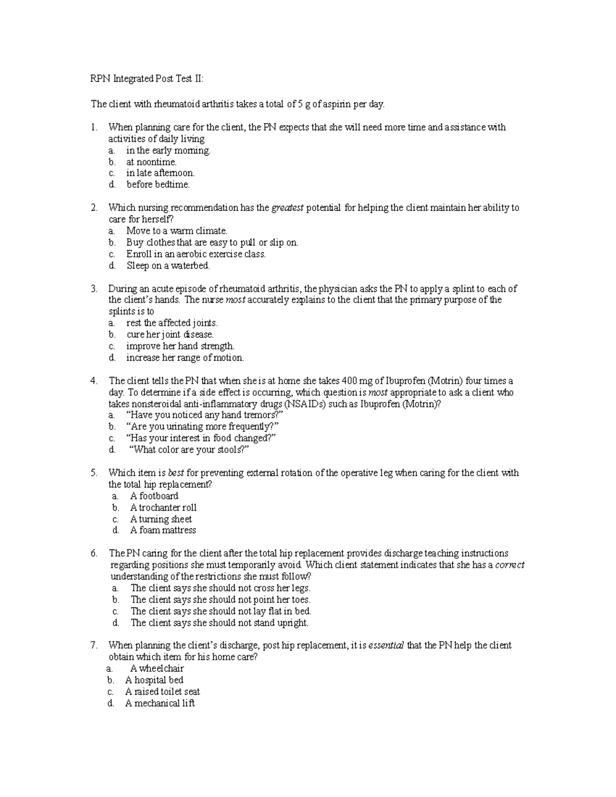 RPN 2017 Integrated Post Test II: Questions & Answers - Studocu
