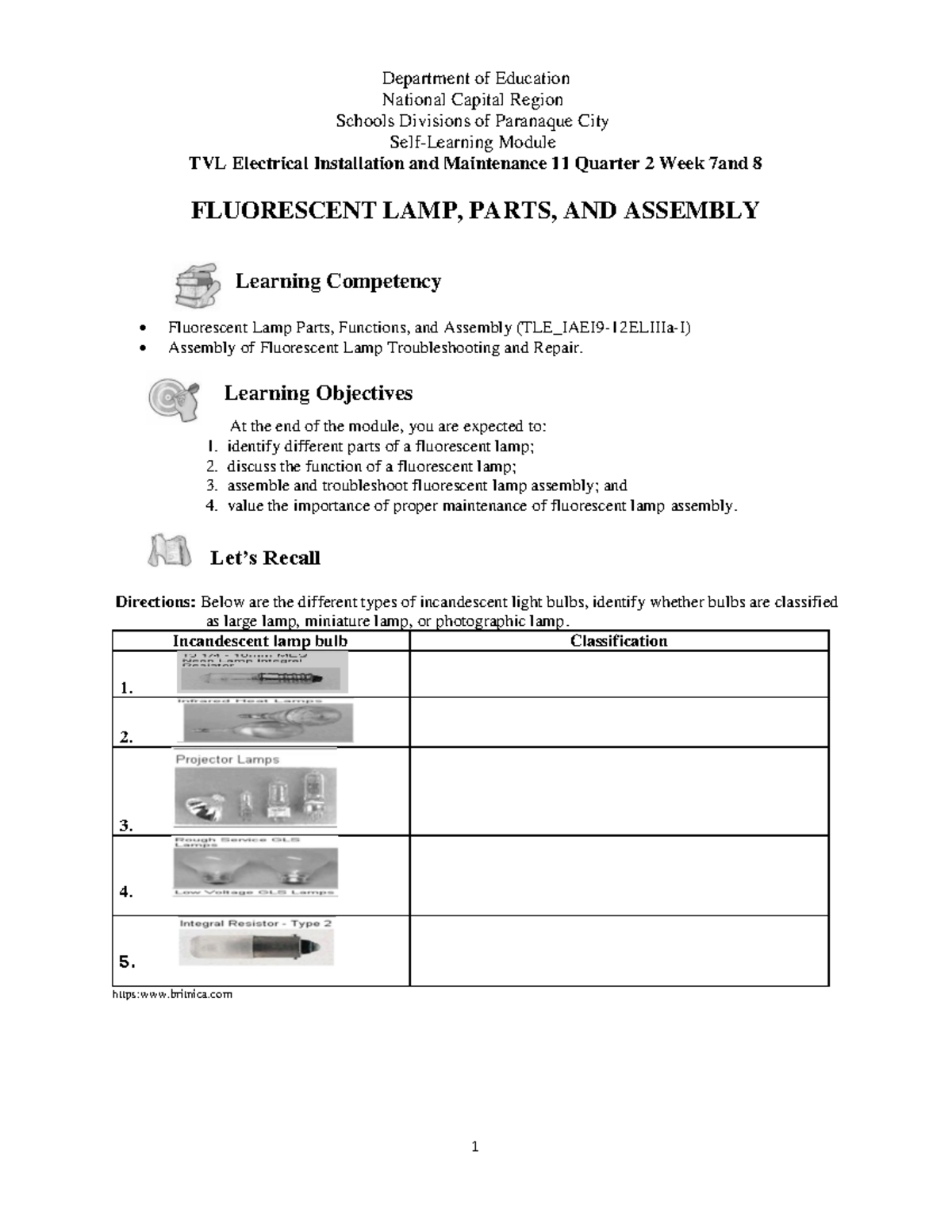 TVL 11 EIM Self-Learning Module: Fluorescent Lamp Parts & Assembly ...