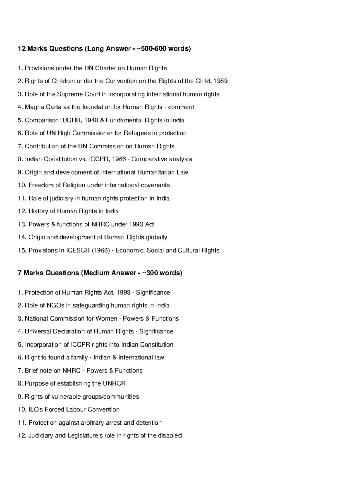 Human Rights Law Questions: Categorization of 12 & 7 Marks Queries ...
