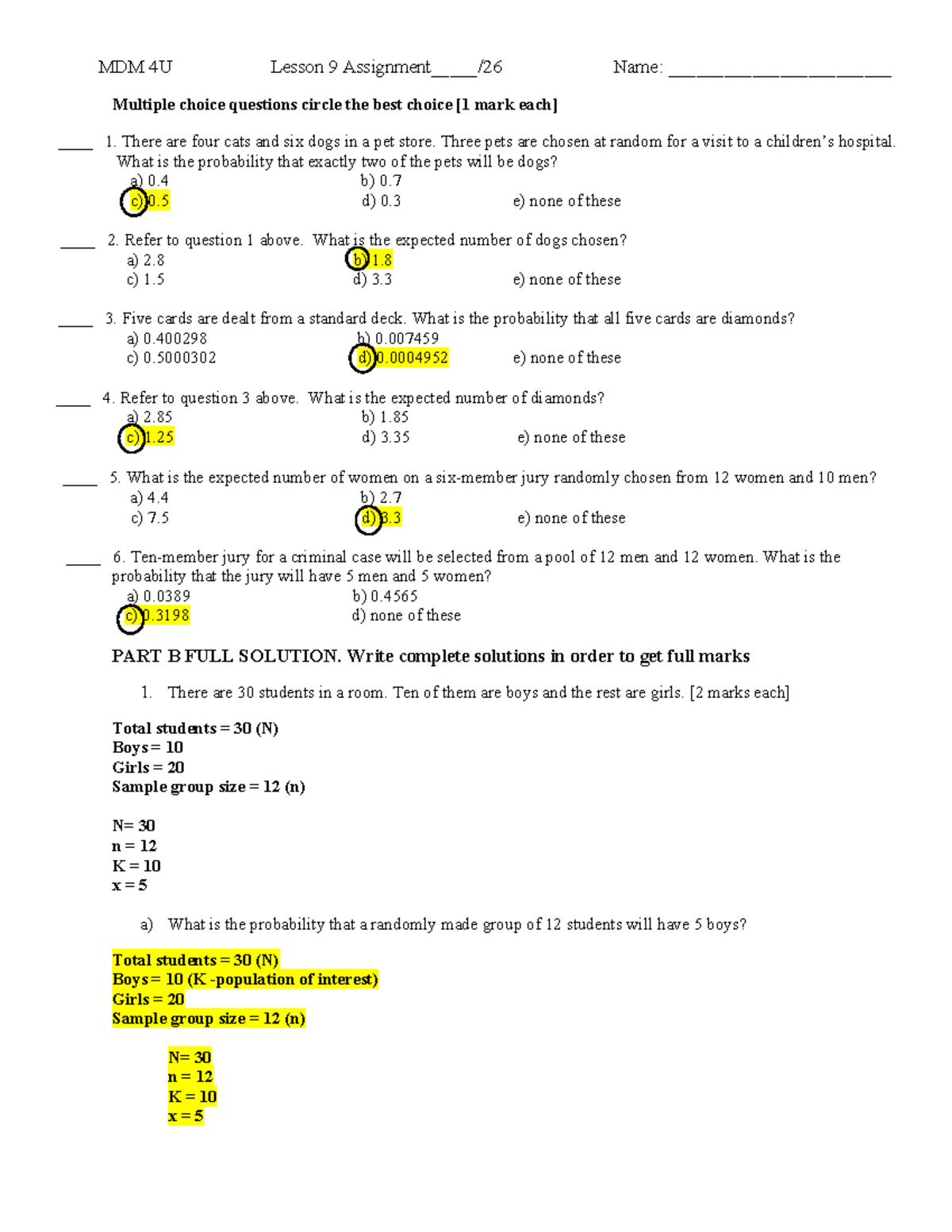 MDM 4U Lesson 9 Assignment: Probability and Expected Values - Studocu