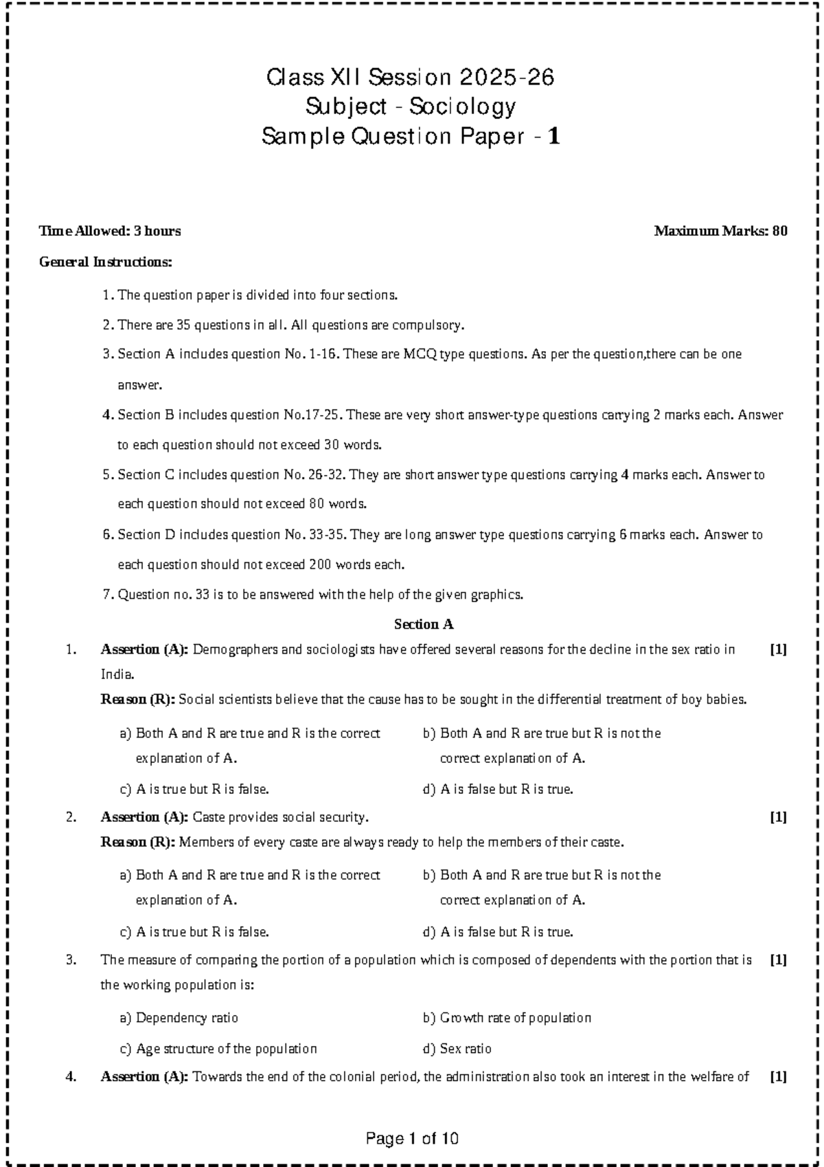 Class XII Sociology Sample Question Paper 1 - 80 Marks - Studocu