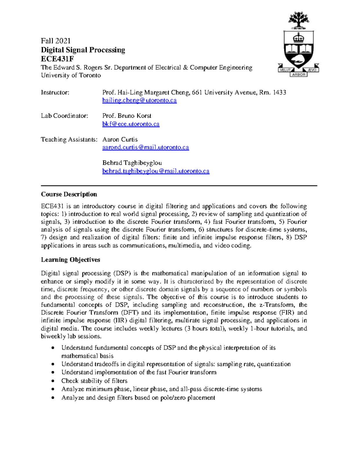 ECE431 Digital Signal Processing Syllabus - Fall 2021 - Studocu