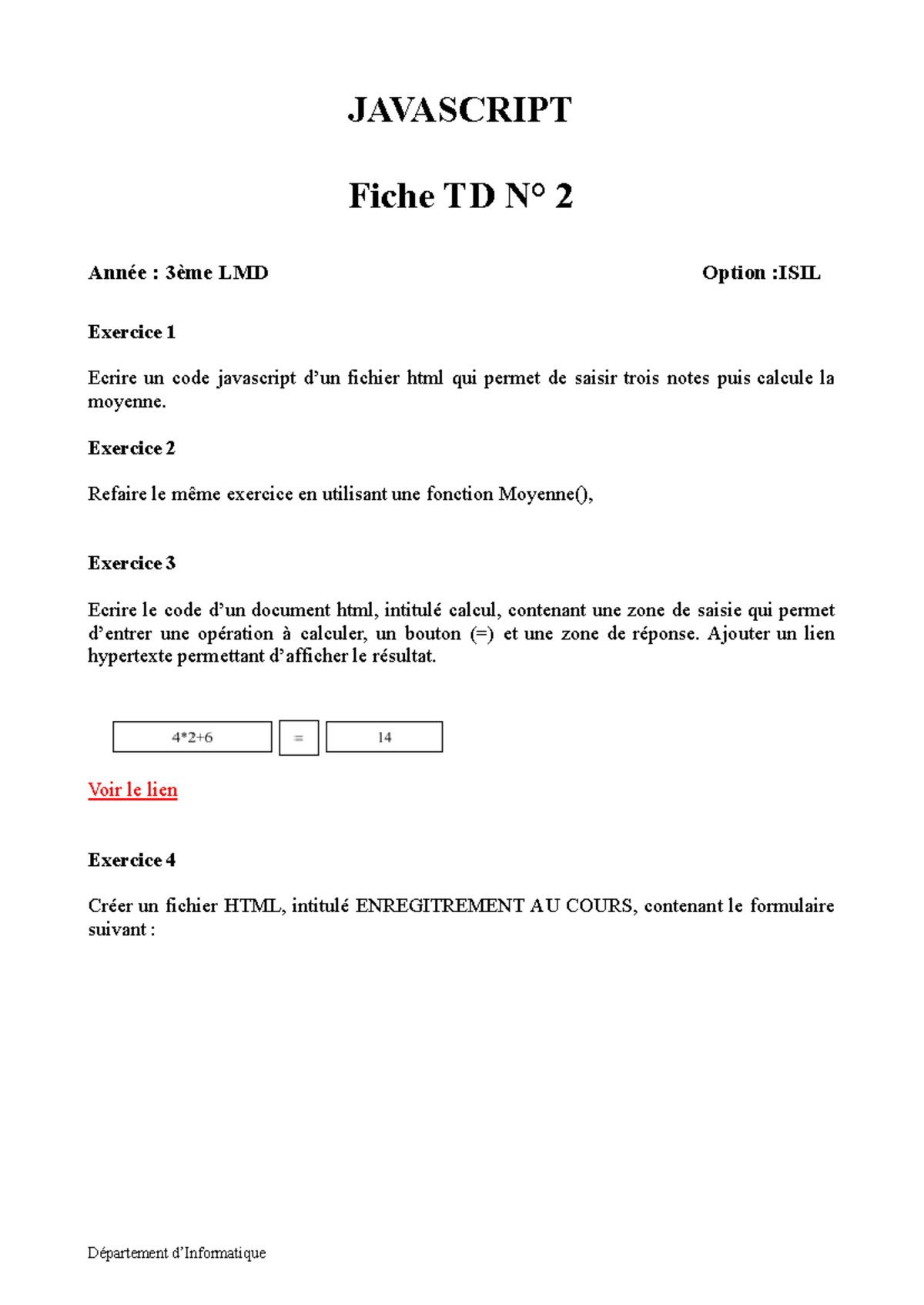 TD 3 Javascript - JAVASCRIPT Fiche TD N° 2 Année : 3ème LMD Option ...