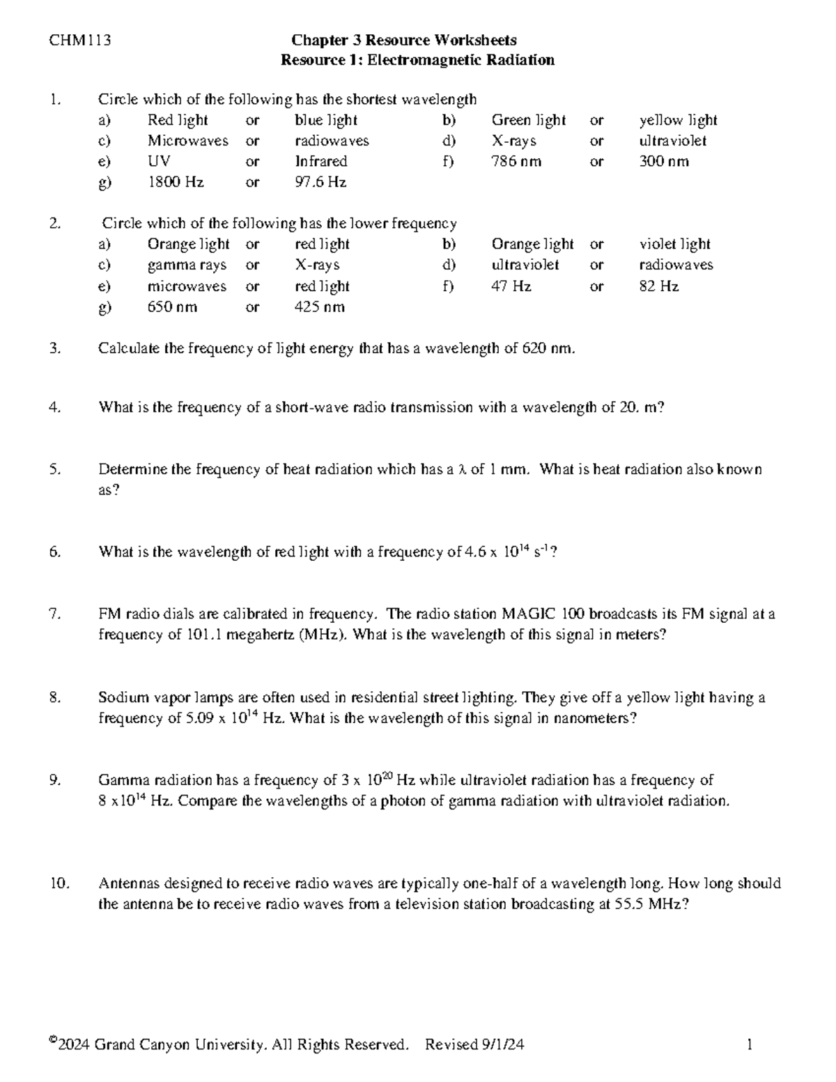 CHM113 FA24 Chapter 3 Worksheet Problems on Electromagnetic Radiation ...