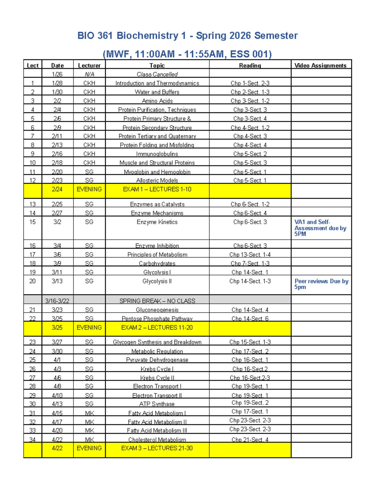 BIO 361 Biochemistry 1 Syllabus & Course Schedule - Spring 2026 - Studocu