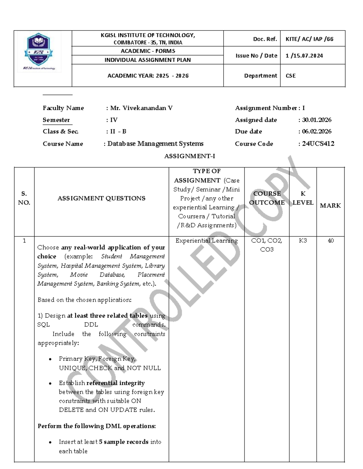 Database Management Systems Assignment 1 Plan - 24UCS412 - Studocu