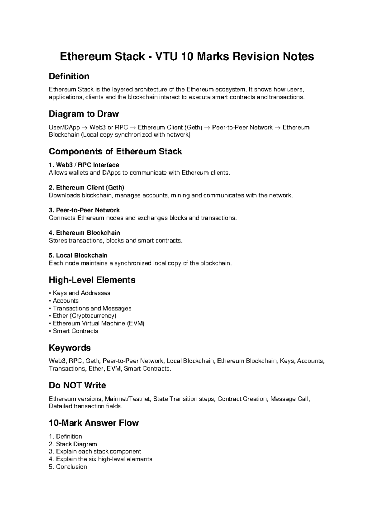 Ethereum Stack VTU 10 Marks Revision Notes Overview - Studocu
