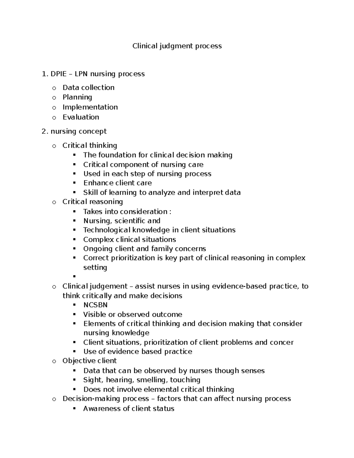 Clinical Judgment Process - ATI Notes for DPIE LPN Nursing - Studocu
