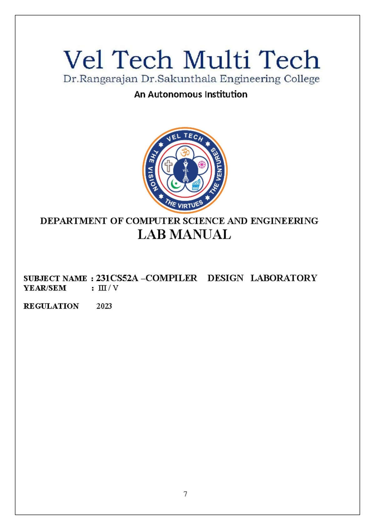 Compiler Design Laboratory Lab Manual - 231CS52A - Studocu