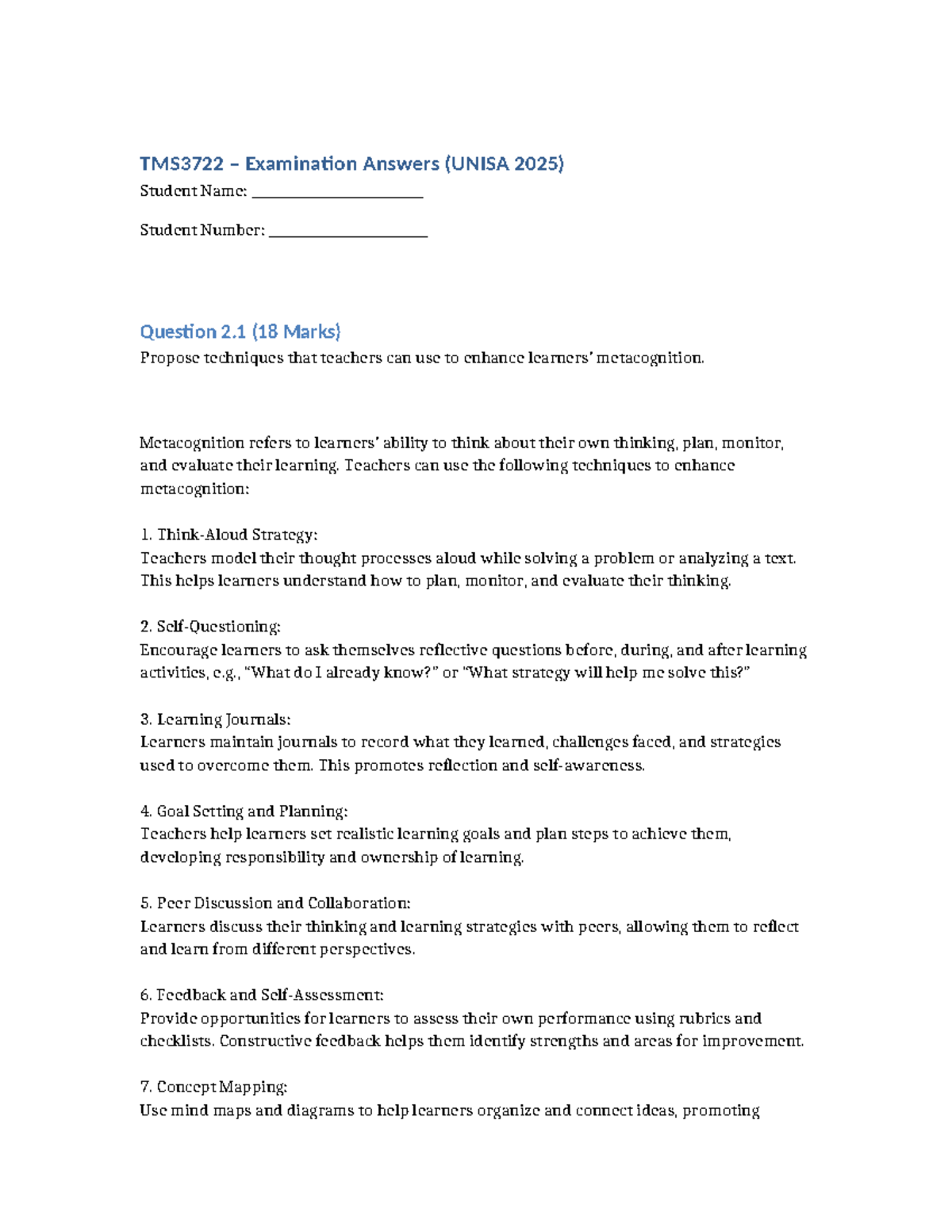 TMS3722 UNISA 2025 Exam Answers: Enhancing Metacognition & Reflection ...
