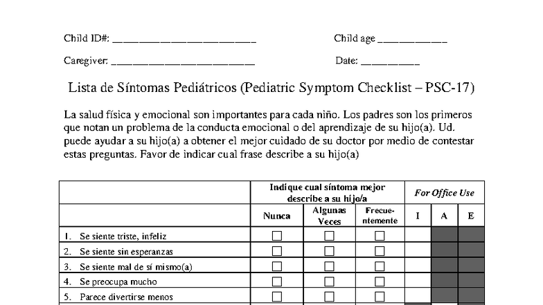 PSC-17 Cuestionario de Síntomas Pediátricos: Lista de Síntomas - Studocu