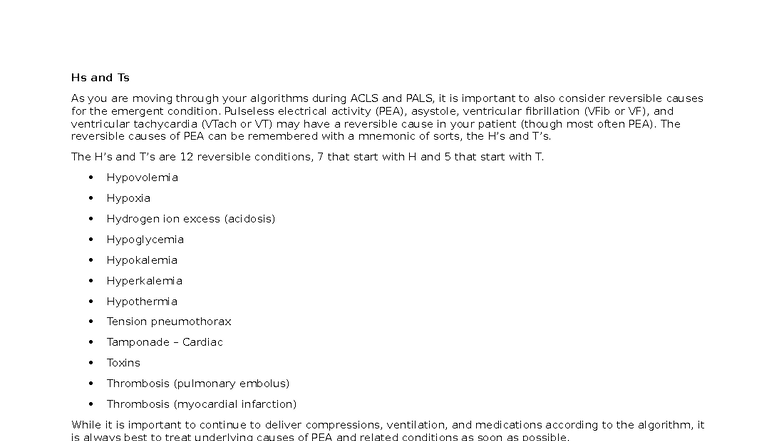ACLS & PALS: Hs and Ts Reversible Causes Notes - Studocu