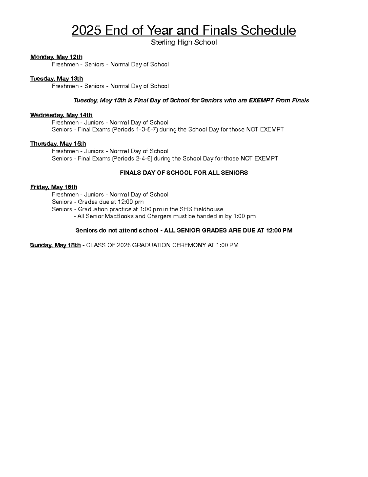 2025 End of Year & Finals Schedule - Sterling High School - Studocu