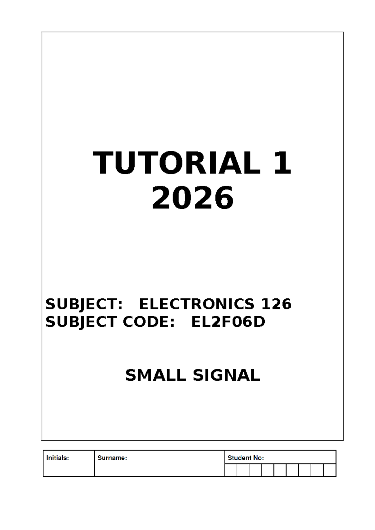 EL2F06D Small Signal Analysis - Tutorial 1 2026 - Studocu