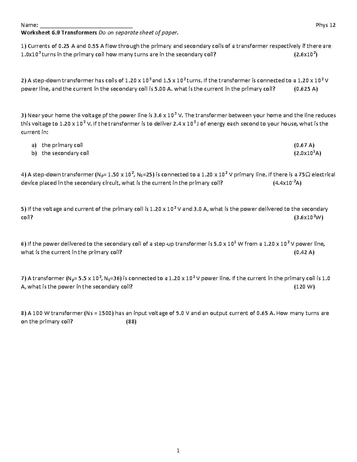 Phys 12 Transformer Worksheet 2.5: Current & Voltage Calculations - Studocu