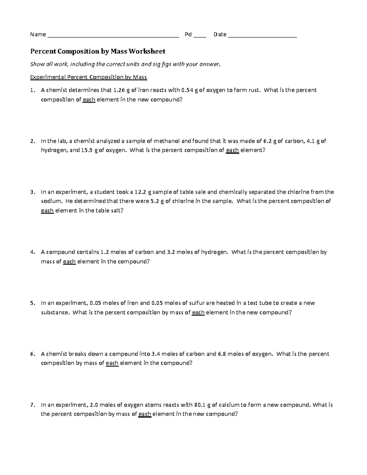 Percent Composition by Mass Worksheet: Problems & Solutions - Studocu