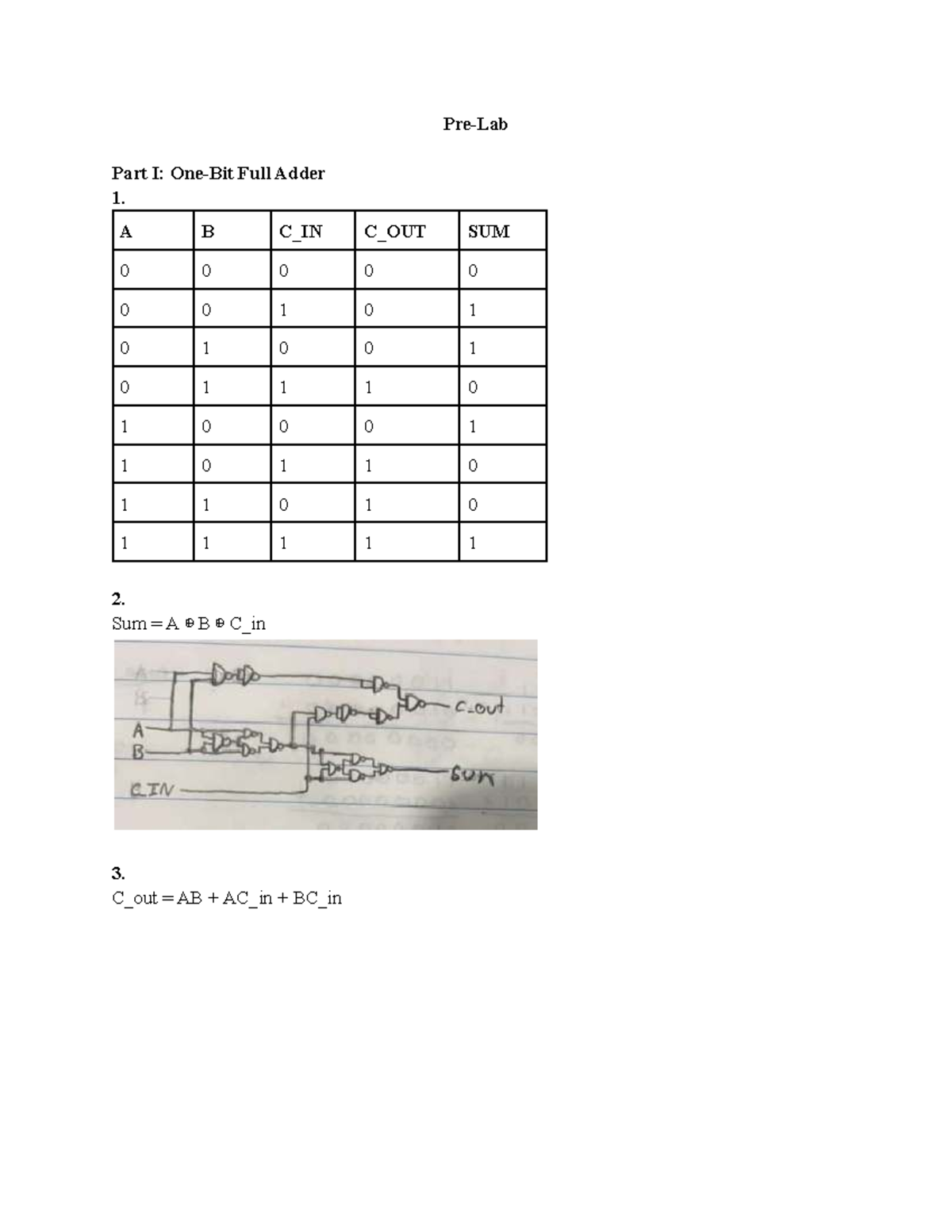 Lab 3: Full Adder & Parallel Adder Pre-Lab Notes - Studocu