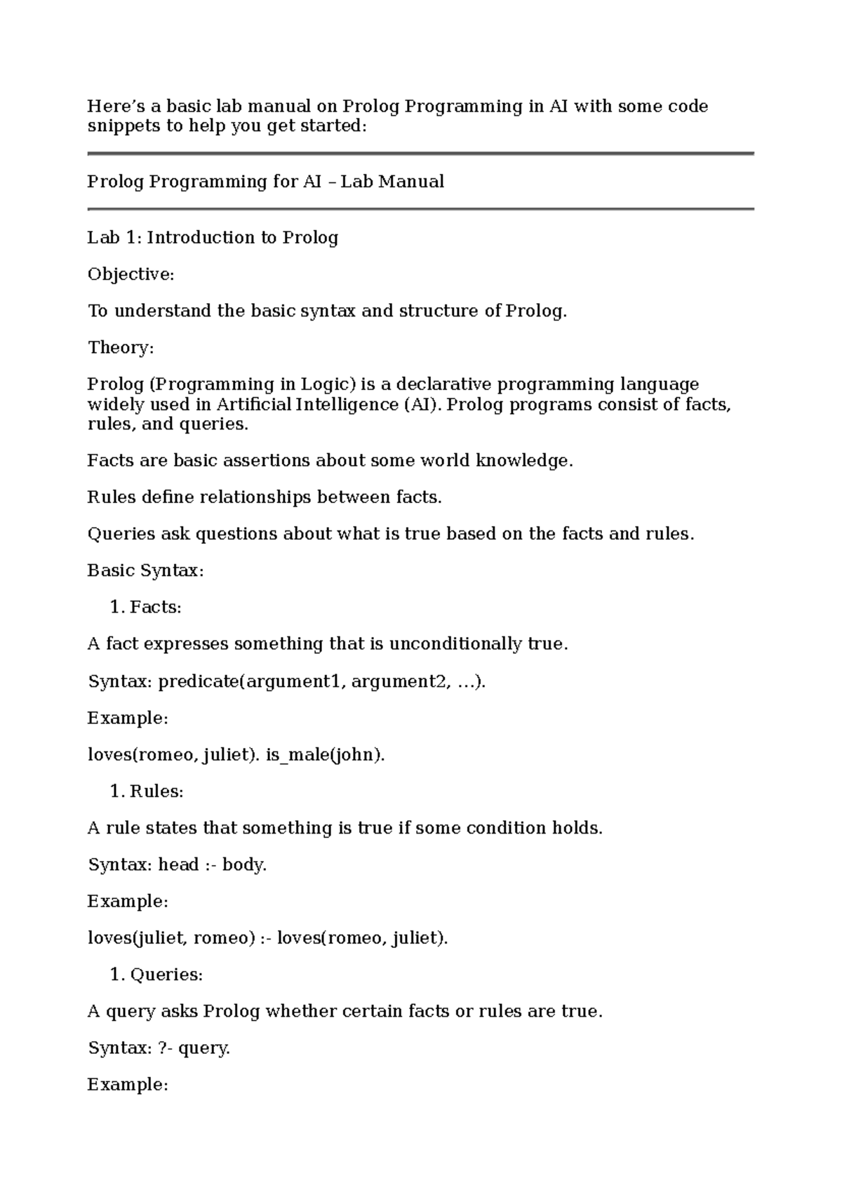 Prolog Programming for AI - Comprehensive Lab Manual - Studocu