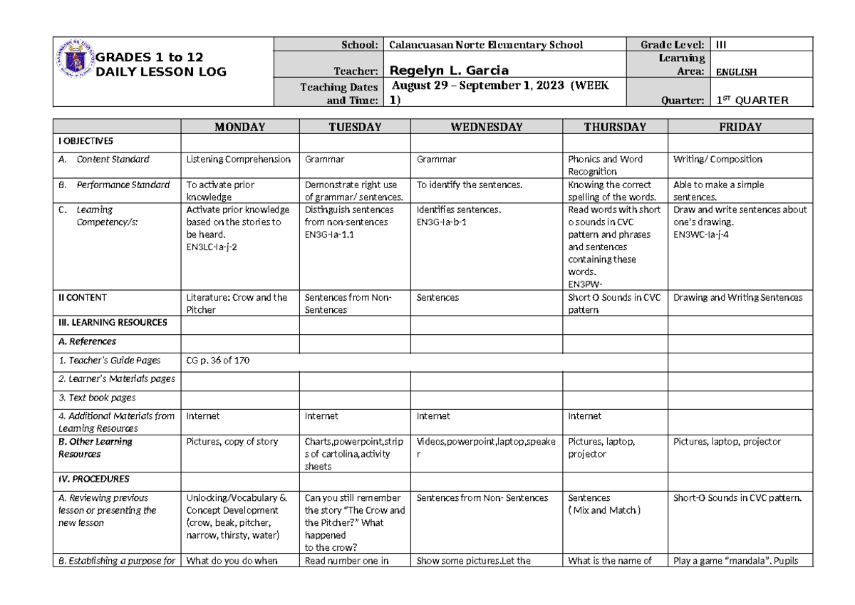 DLL English-3 Q1 W1 - English - GRADES 1 to 12 DAILY LESSON LOG School ...