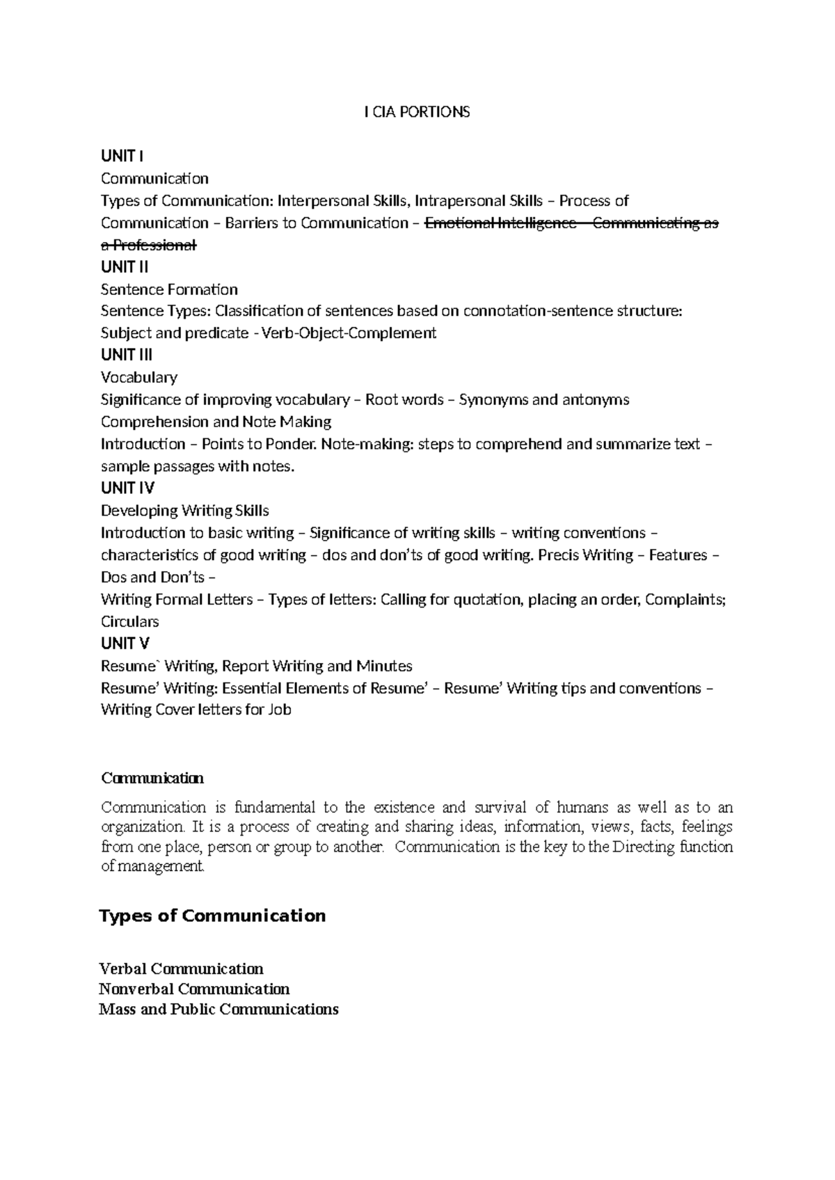 CIA 1 - Comprehensive Notes on Communication Skills and Writing ...