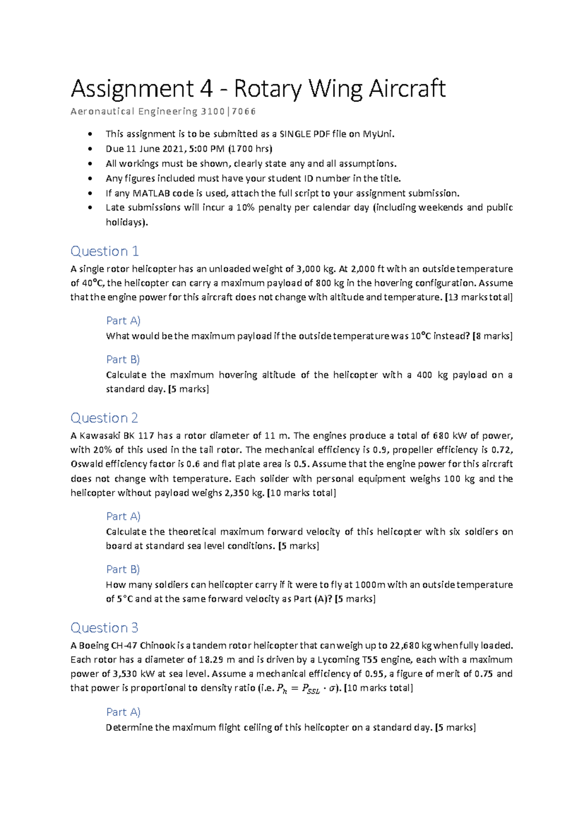 Assignment 4 - Rotary Wing Aircraft Analysis (AENG 3100 | 7066) - Studocu