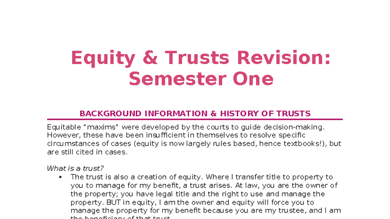 Trusts Law Revision Notes: Semester One Exam Prep - Studocu