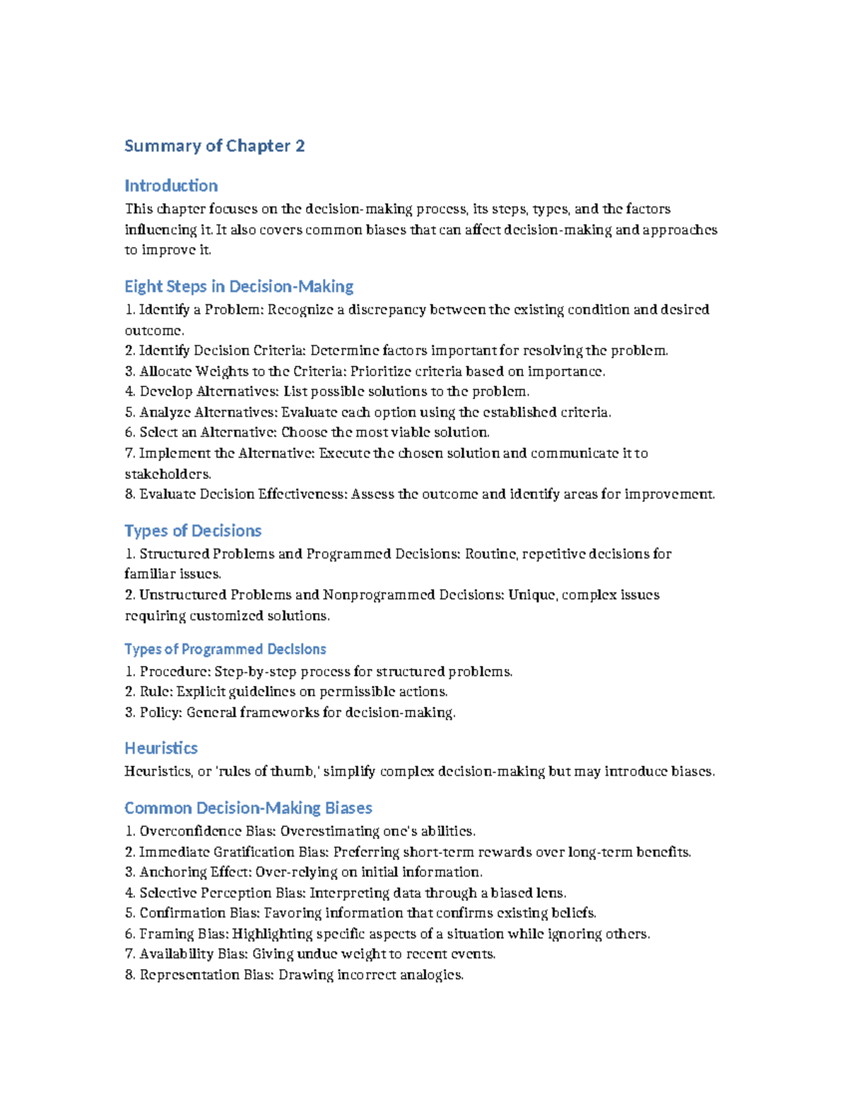 Decision-Making Process Summary - Chapter 2 Insights - Studocu