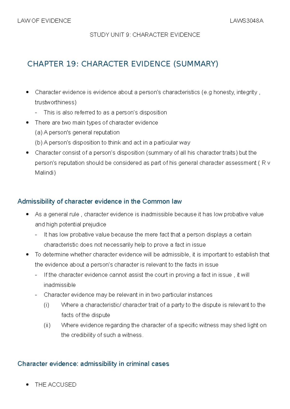 LAW OF EVIDENCE MOD 9 LAWS3048A: CHARACTER EVIDENCE SUMMARY - Studocu